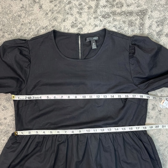 AQUA FROM BLOOMINGDALE’S PUFF SLEEVE TIERED BLACK COTTON DRESS  POCKETS MED NWT - Picture 13 of 14